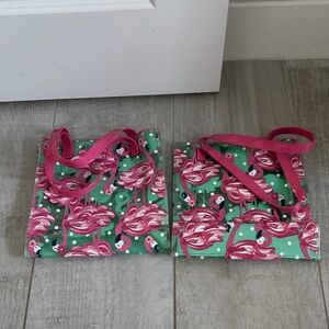 Pink Flamingo Print Tote Bag in Mint Green with Pink Straps